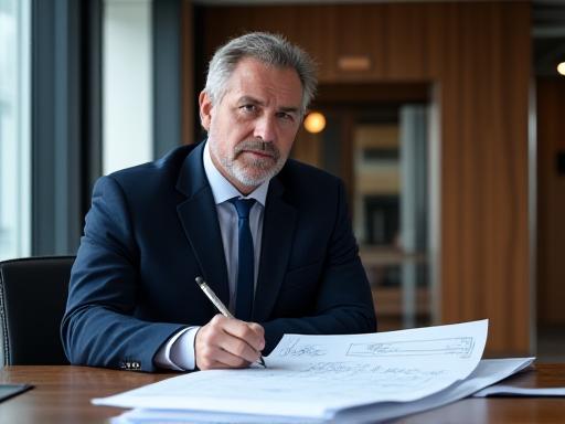 Law professional reviewing industrial contracts in a modern London office