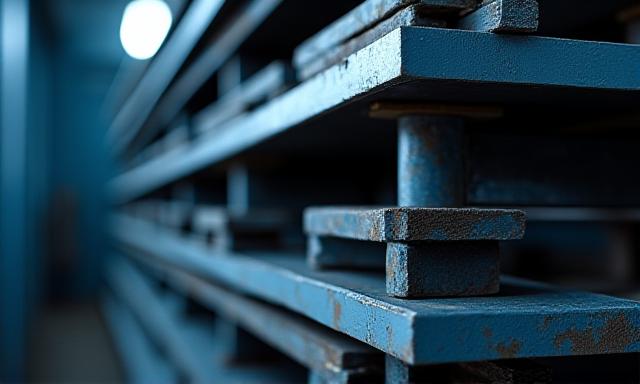 Close-up of industrial steel beams in a manufacturing facility