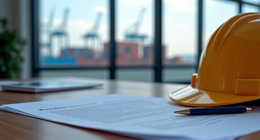 A legal professional reviewing documents in front of a shipping port background